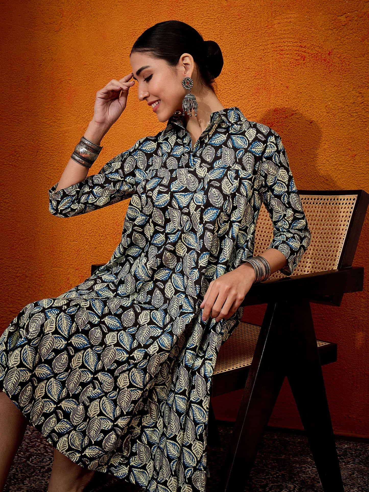 InWeave Black White Leaf Print Flared Dress - Swadesiicart