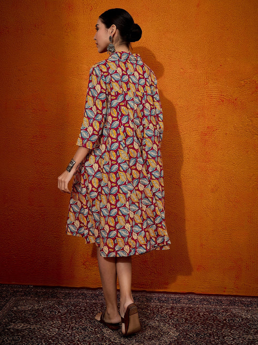InWeave Maroon Yellow Blue Leaf Print Flared Dress - Swadesiicart