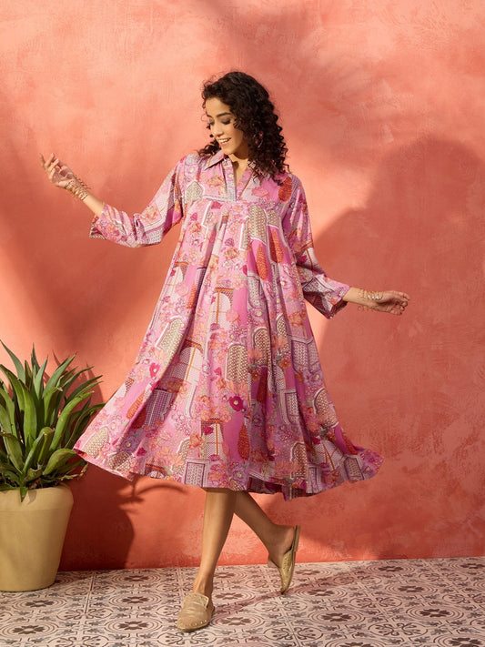 InWeave Dull Pink Window Floral Flared Collar Dress - Swadesiicart