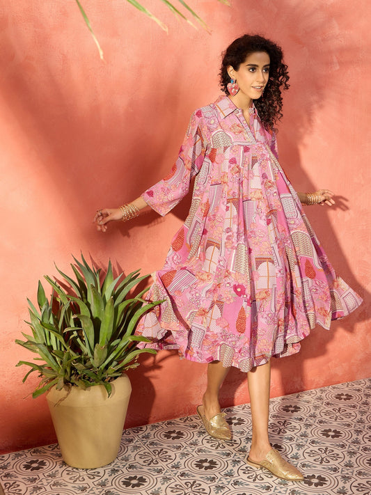 InWeave Dull Pink Window Floral Flared Collar Dress - Swadesiicart