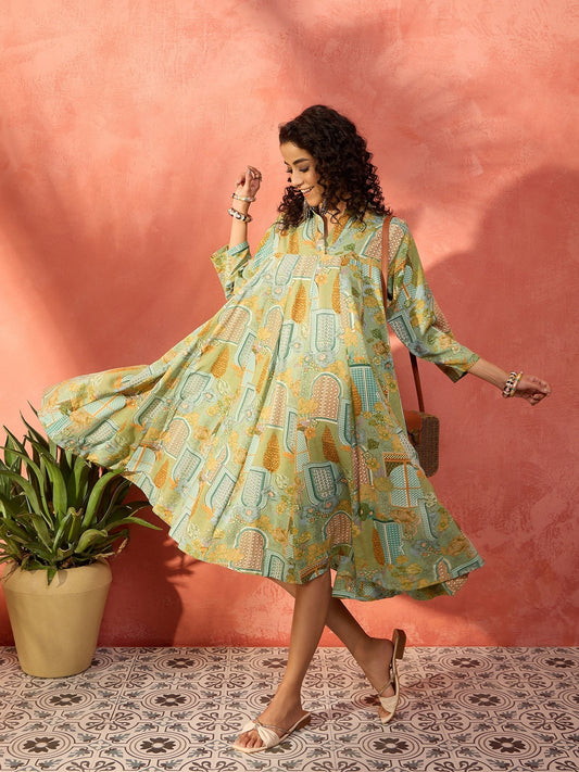 InWeave Pear Green Window Floral Flared Collar Dress - Swadesiicart
