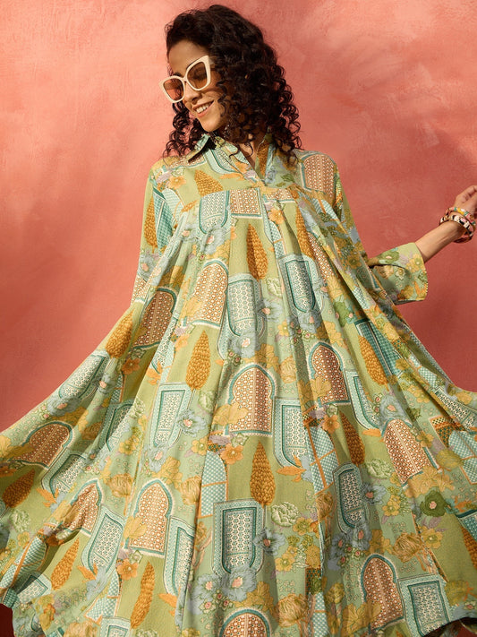 InWeave Pear Green Window Floral Flared Collar Dress - Swadesiicart