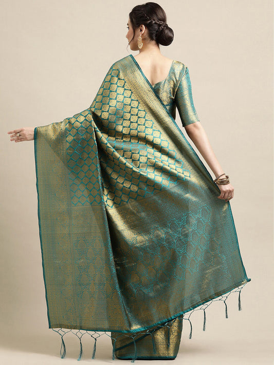Saree Mall Blue & Gold-Toned Woven Design Zari Silk Blend Banarasi Saree | Swadesiicart