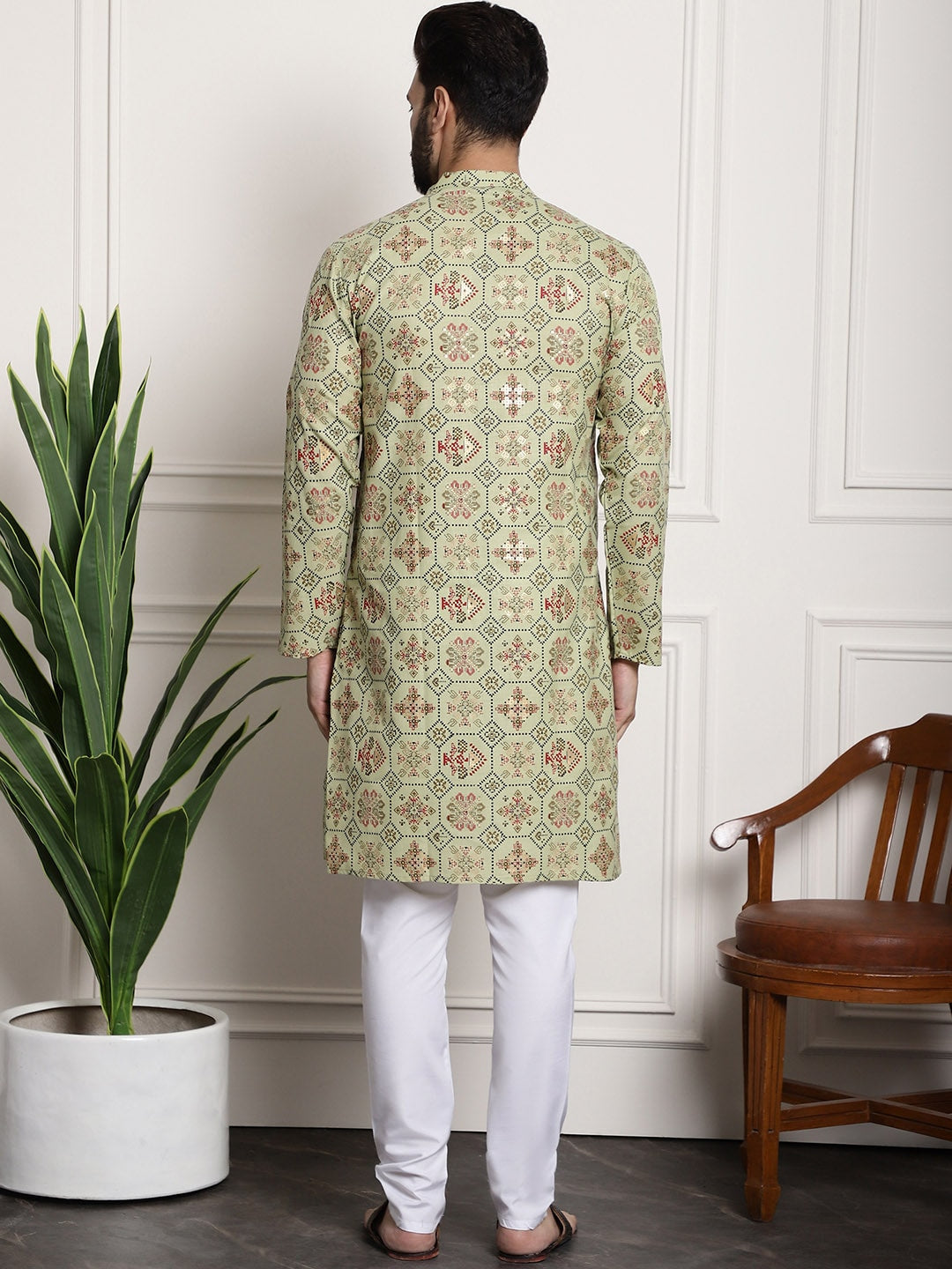 Sojanya Men Green Printed Cotton Linen Kurta with Churidar | Swadesiicart