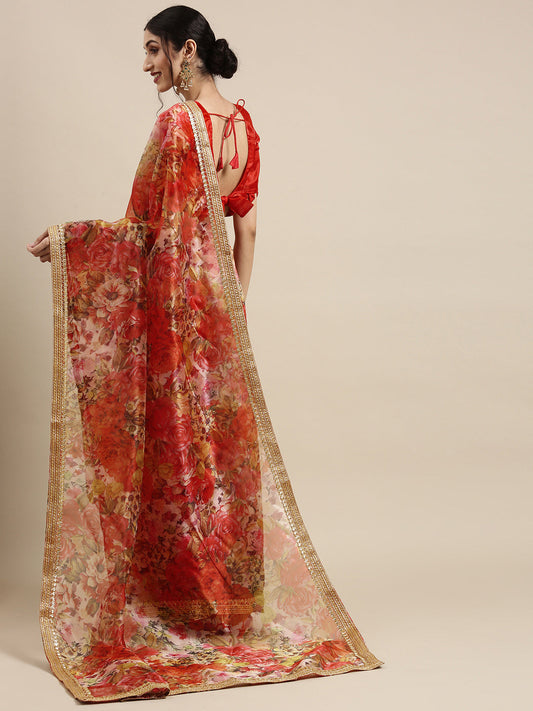 Tikhi Imli Red Floral Organza Saree | Swadesiicart