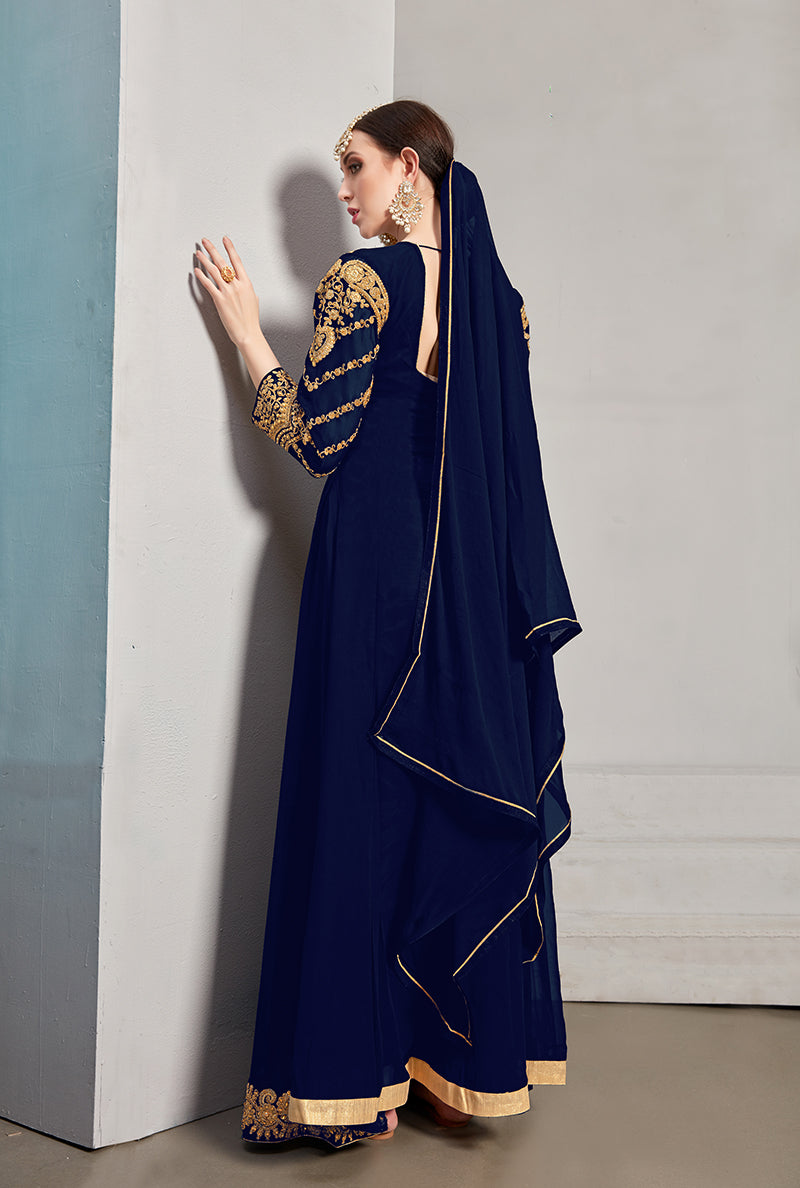 Monjolika Fashion Designer Real Georgette With Embroidered Pakistani Anarkali Suits In Navy Blue Color - Swadesiicart