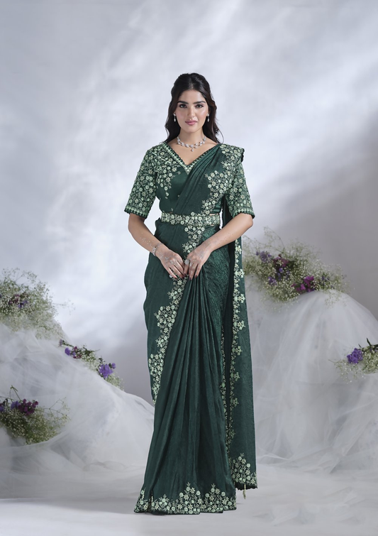 Green Two Tone Satin Silk Designer Ready to wear saree with stithced Blouse - Mohmanthan Aura | Swadesiicart