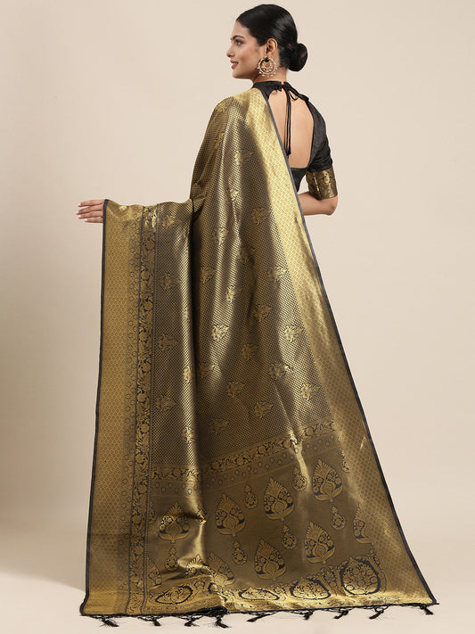 Saree Mall Black & Gold-Toned Ethnic Motifs Zari Silk Blend Banarasi Saree | Swadesiicart