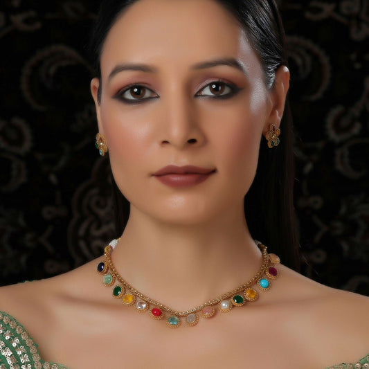 Multi Colored Stone in Gold Choker with Earrings (Multi Color) - Ruby Raang