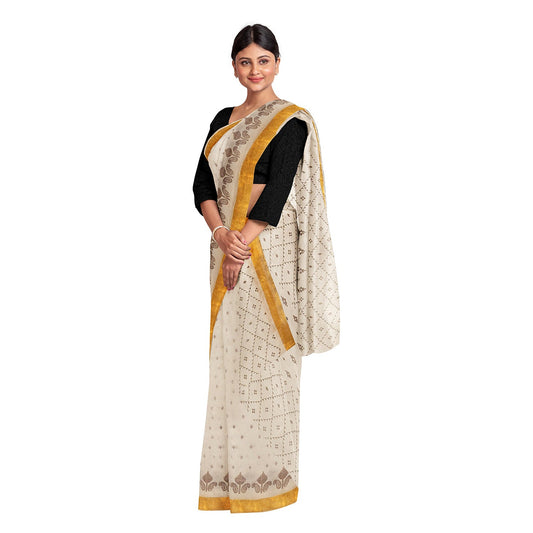 Exclusive Collection 100% Pure Cotton Off White Brown Saree With Printed Work - Swadesiicart