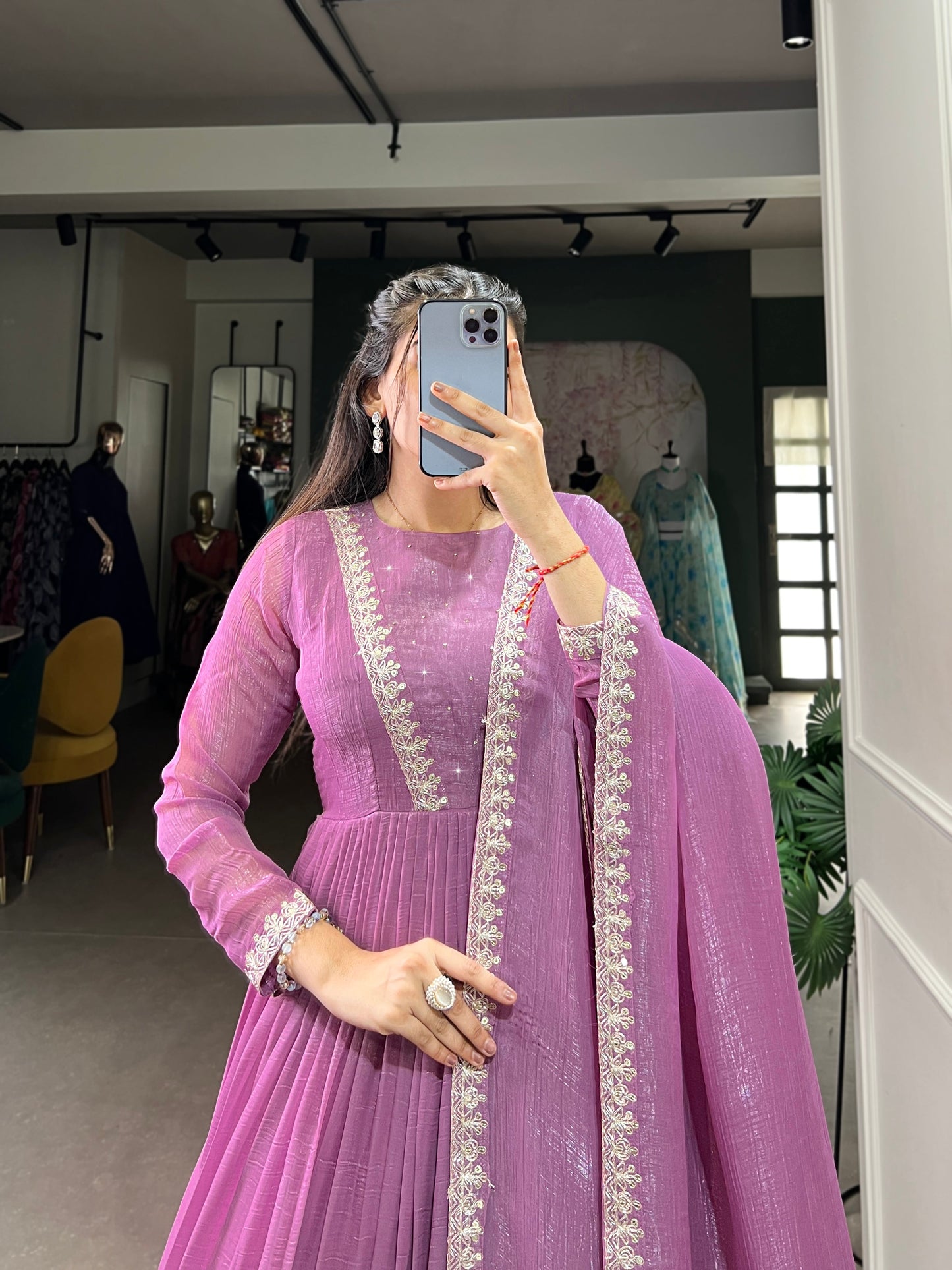 Lorenvalley Lavender Silver Glory Hotfix With Sequins and Thread Embroidery Work Lace Touch Up Gown with Dupatta | Swadesiicart