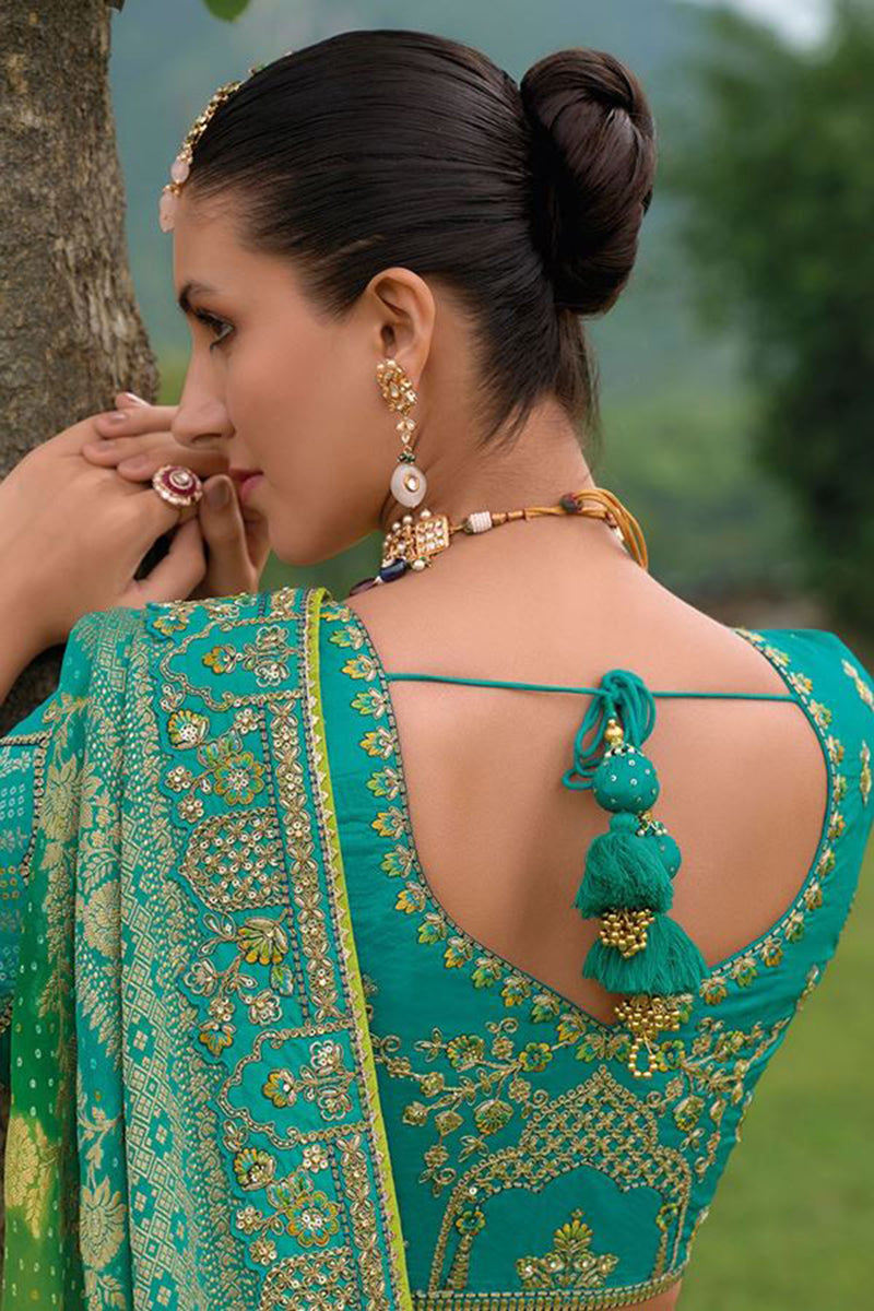 Monjolika Fashion Designer Silk Turquoise Color Bridal Wear Khatli Work Readymade Lehenga Choli - Swadesiicart