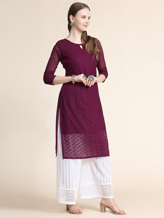Kalini Women Burgundy Ethnic Motifs Chikankari Kurta | Swadesiicart