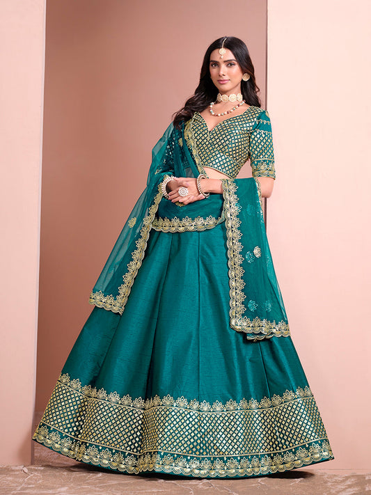 Monjolika Fashion Teal Embroidered Art Silk Designer Lehenga Choli - Swadesiicart