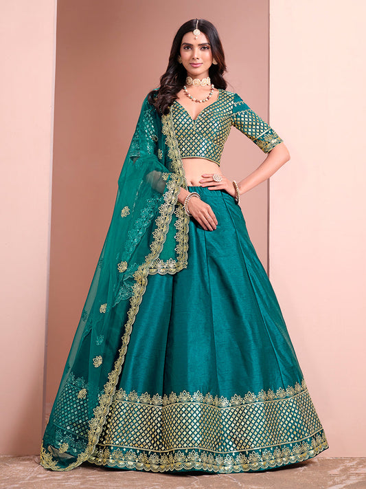 Monjolika Fashion Teal Embroidered Art Silk Designer Lehenga Choli - Swadesiicart