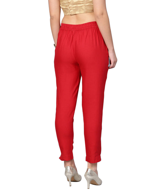 Juniper Women Red Cotton Flex Solid Slim Fit Pant/Slim Pant | Swadesiicart