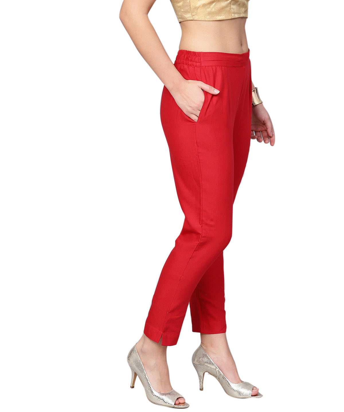 Juniper Women Red Cotton Flex Solid Slim Fit Pant/Slim Pant | Swadesiicart
