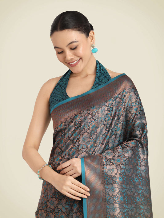 Monjolika Fashion Teal Color Banarasi Silk Woven Saree | Swadesiicart
