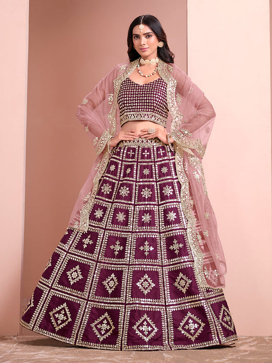 Monjolika Fashion Purple Embroidered Art Silk Trendy A Line Lehenga Choli - Swadesiicart