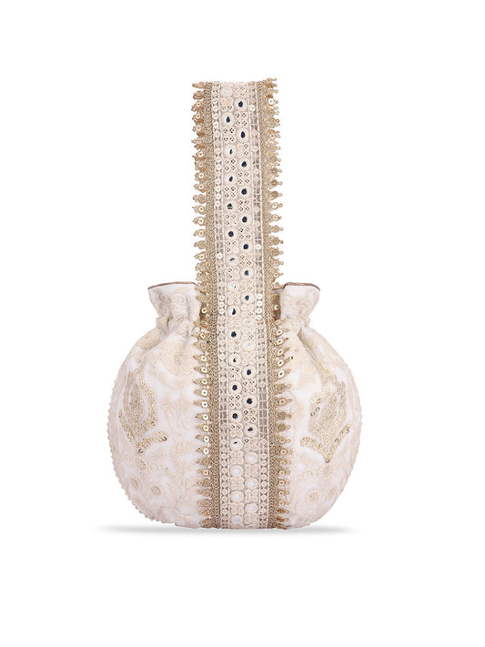 Masq Off White & Gold-Toned Embellished Embroidered Potli Clutch - Swadesiicart