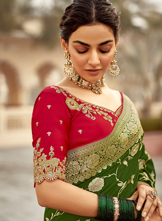 Monjolika Fashion Bottle Green Banarasi Weaving Dola Silk Wedding Saree | Swadesiicart