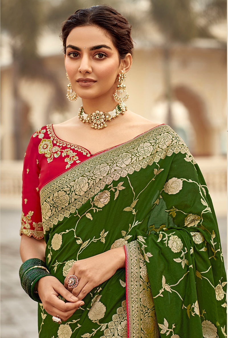 Monjolika Fashion Bottle Green Banarasi Weaving Dola Silk Wedding Saree | Swadesiicart