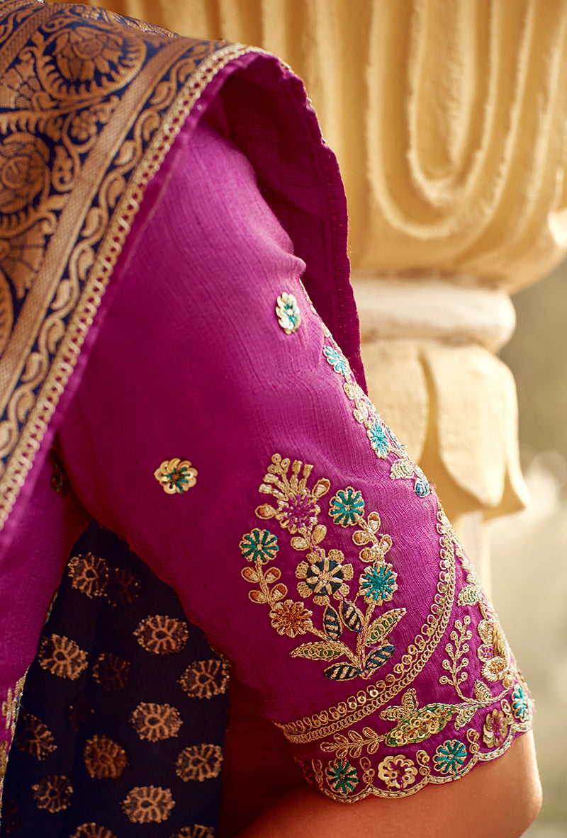 Monjolika Fashion Navy Blue Banarasi Weaving Dola Silk Wedding Saree | Swadesiicart