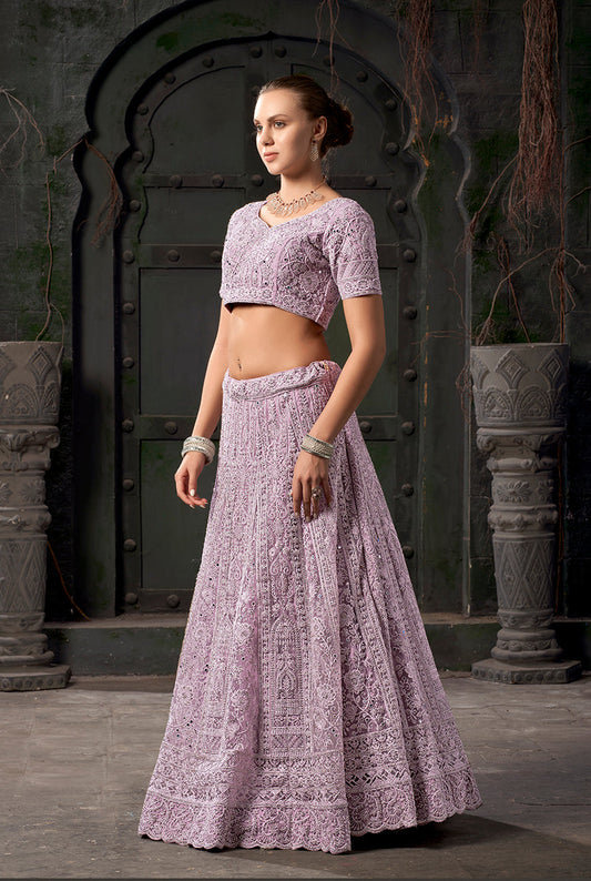 Monjolika Fashion Lavender Net Lehenga Choli In Thread Embroidered - Swadesiicart