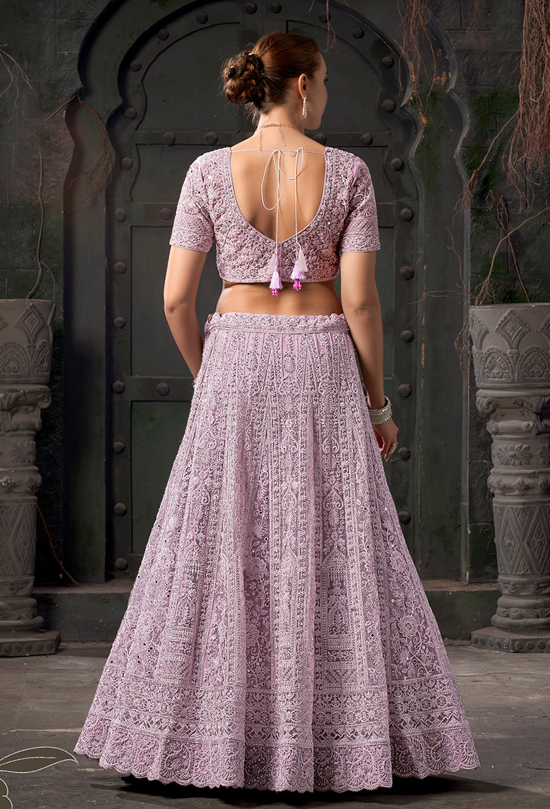 Monjolika Fashion Lavender Net Lehenga Choli In Thread Embroidered - Swadesiicart