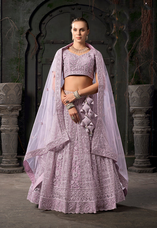 Monjolika Fashion Lavender Net Lehenga Choli In Thread Embroidered - Swadesiicart
