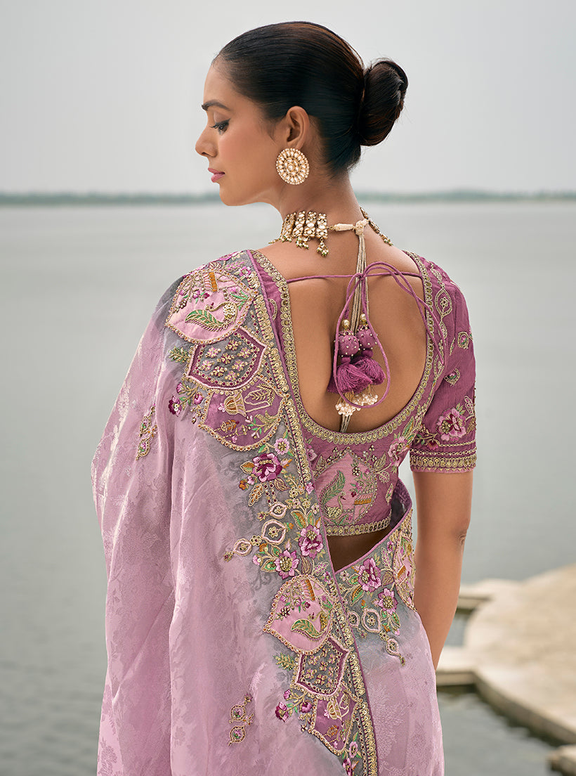 Monjolika Fashion Lavender Color Banarasi Silk Blend Embroidered With Heavy Patchwork Border Saree | Swadesiicart