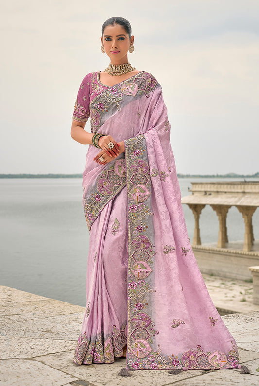 Monjolika Fashion Lavender Color Banarasi Silk Blend Embroidered With Heavy Patchwork Border Saree | Swadesiicart