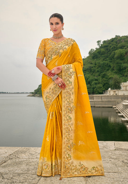 Monjolika Fashion Yellow Color Banarasi Silk Blend Sequin Embroidered With Heavy Patchwork Border Saree | Swadesiicart