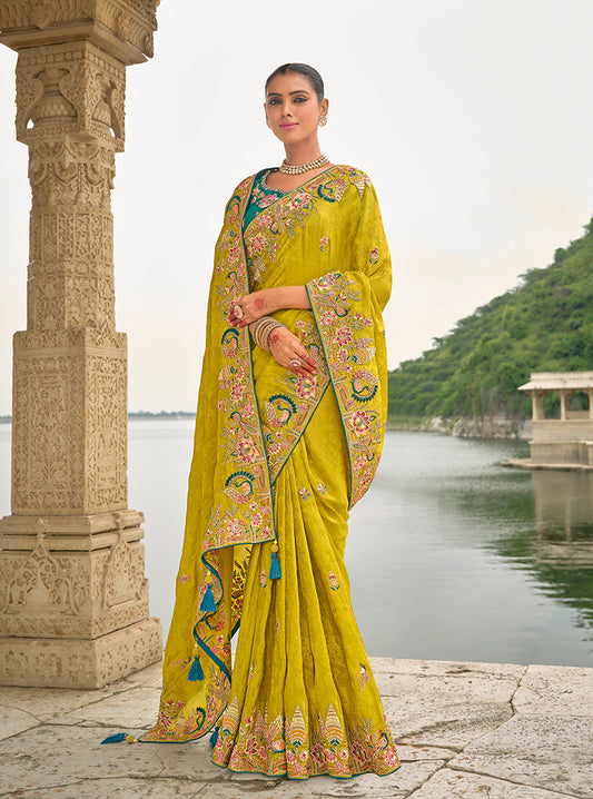 Monjolika Fashion Pear Color Banarasi Silk Blend Sequin Embroidered With Heavy Patchwork Border Saree | Swadesiicart