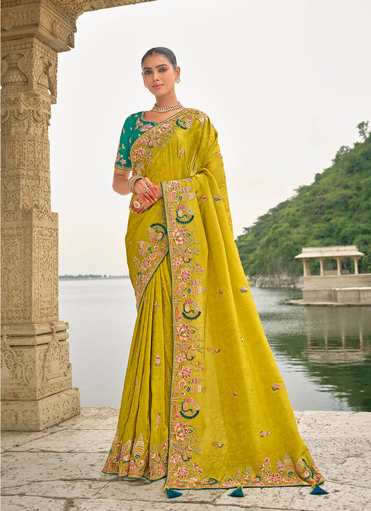 Monjolika Fashion Pear Color Banarasi Silk Blend Sequin Embroidered With Heavy Patchwork Border Saree | Swadesiicart