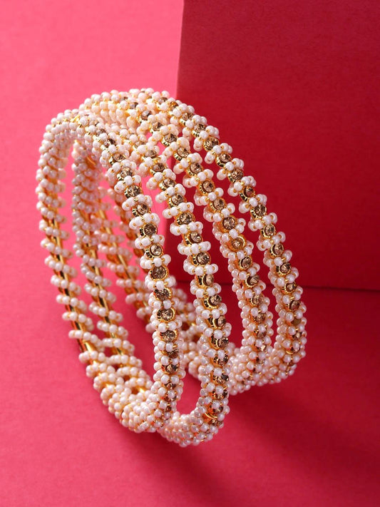 Gold-Polished Alloy Pearl And Rhinestones Studded Bangle Set - The Pari - The Pari - Dinesh Associates