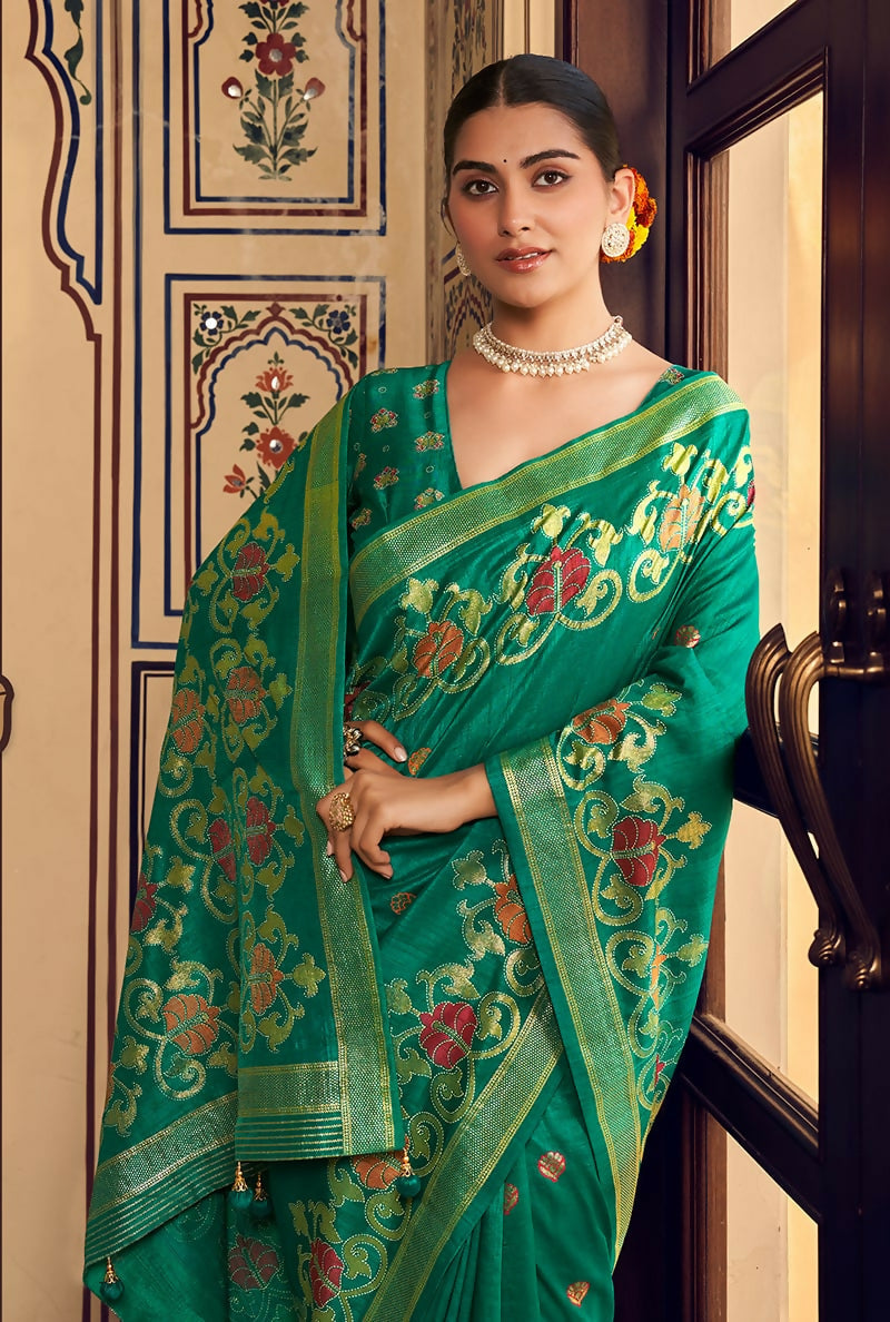 Monjolika Fashion Teal Silk Blend Banarasi Zari Work Classic Saree | Swadesiicart