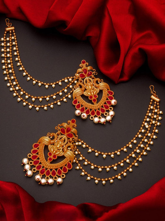 Aadita Red Gold-Toned & White Pearls Studded Contemporary Drop Earrings With Hair Chain | Swadesiicart
