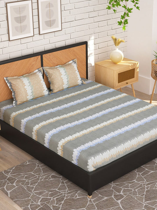 Story@home Grey & Peach-Coloured Striped 180 TC Queen Bedsheet With 2 Pillow Covers - Swadesiicart