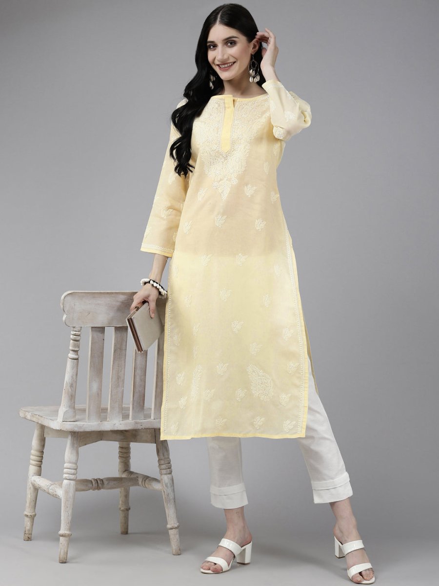 ADA Women Cream-Coloured & White Ethnic Motifs Embroidered Chikankari Cotton Kurta | Swadesiicart