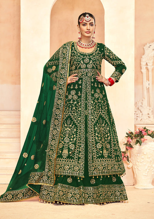 Monjolika Fashion Green Embroidered Velvet Designer Long Lehenga Choli - Swadesiicart