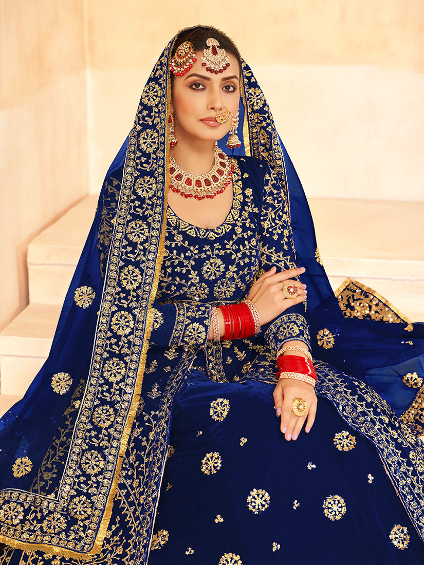 Monjolika Fashion Navy Blue Embroidered Velvet Designer Long Lehenga Choli - Swadesiicart