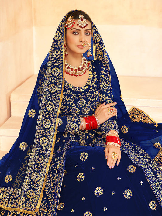 Monjolika Fashion Navy Blue Embroidered Velvet Designer Long Lehenga Choli - Swadesiicart
