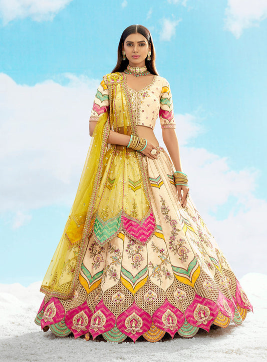 Monjolika Fashion Ivory & Yellow Silk Heavy Embroidered Wedding Lehenga Choli - Swadesiicart