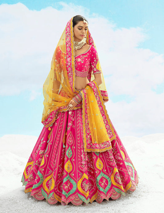 Monjolika Fashion Rani Pink Silk Embroidered Reception Lehenga Choli - Swadesiicart