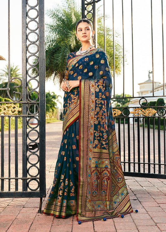 Monjolika Fashion Navy Blue Poly Viscose Georgette Meenakari Jaal Banarasi Saree | Swadesiicart