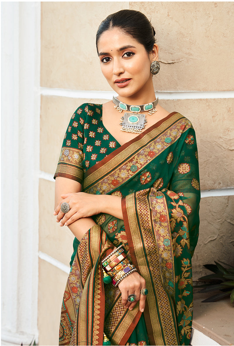 Monjolika Fashion Dark Green Poly Viscose Georgette Meenakari Jaal Banarasi Saree | Swadesiicart