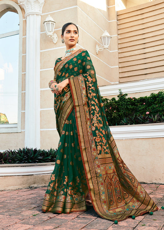 Monjolika Fashion Dark Green Poly Viscose Georgette Meenakari Jaal Banarasi Saree | Swadesiicart