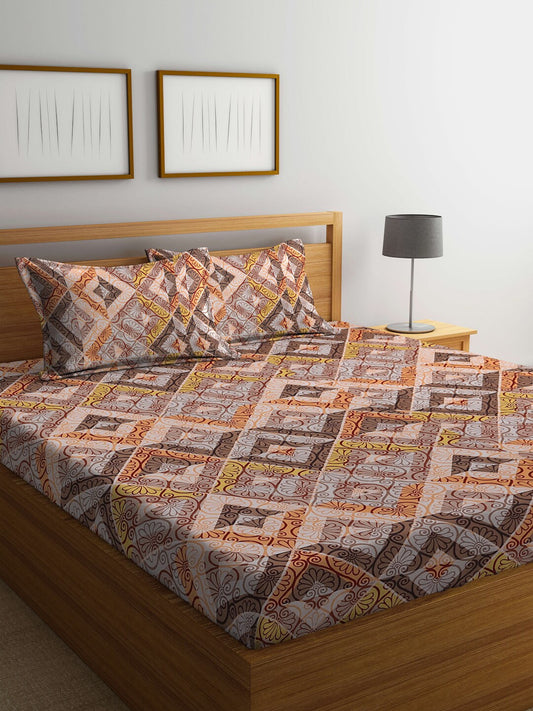 BOMBAY DYEING Epigram Brown & Yellow Ethnic Cotton 120 TC Queen Bedsheet & Pillow Covers - Swadesiicart