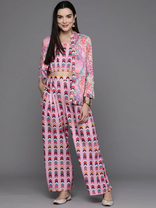 Ahalyaa Women Printed Crop Top with Palazzos & Jacket - Multi Color - Swadesiicart